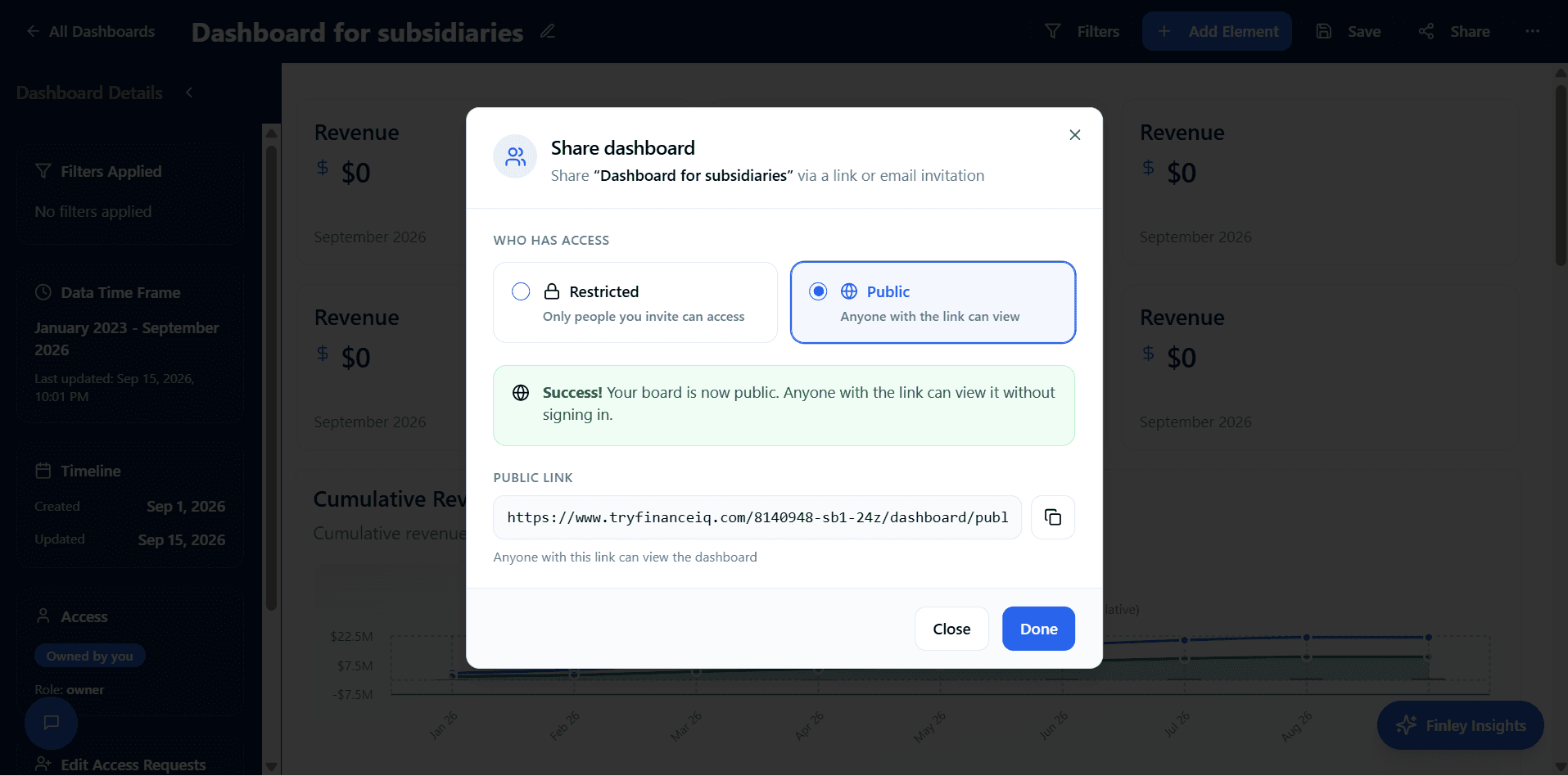 Share dashboard dialog with restricted and public access options and a copyable public read-only link