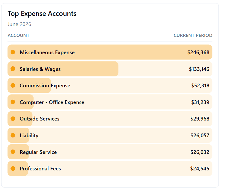 Top expense accounts report block ranking accounts by amount for the current period